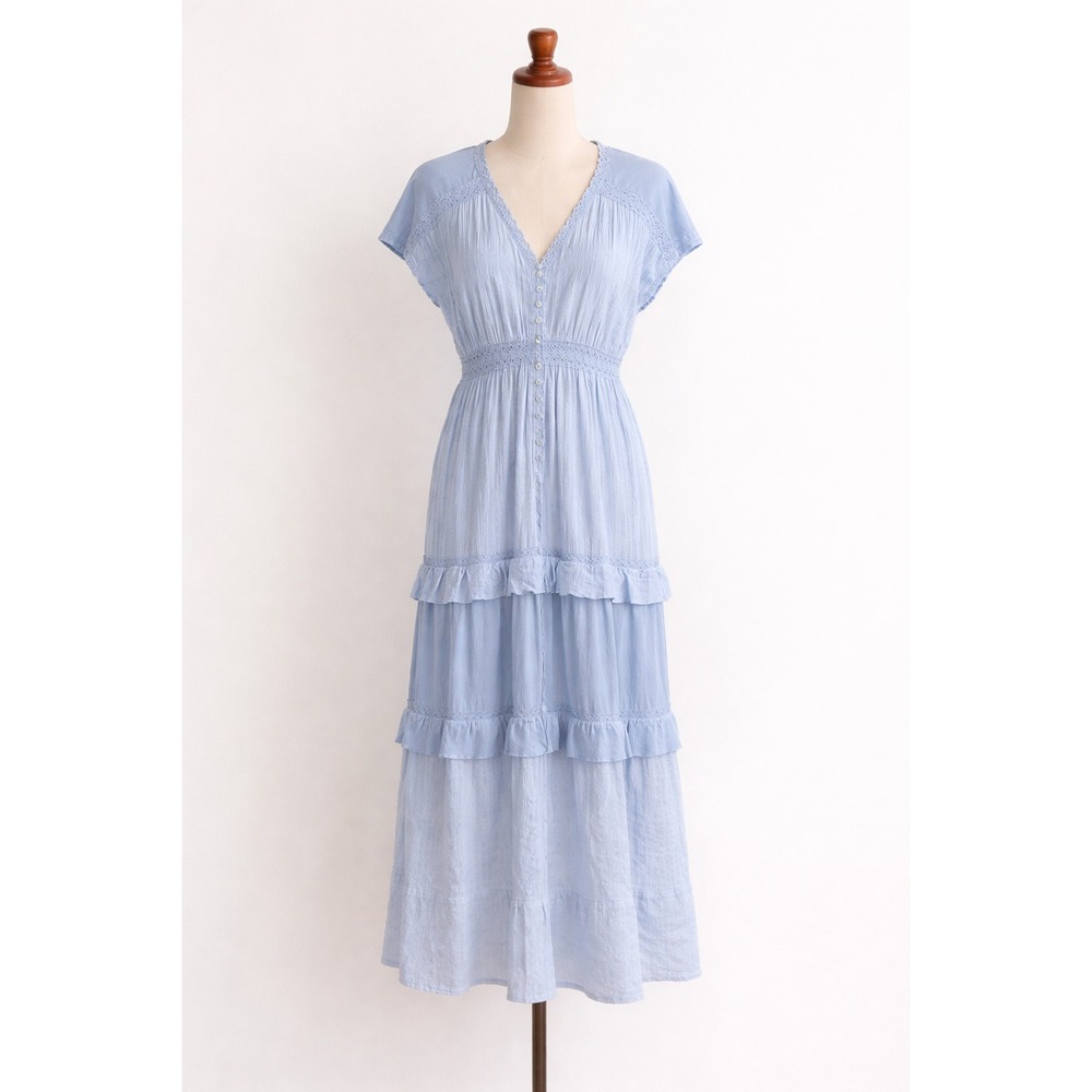 Pol Dress Size‎ Small Blue Maxi Ruffle Tier Deep V Cottagecore Country Prairie